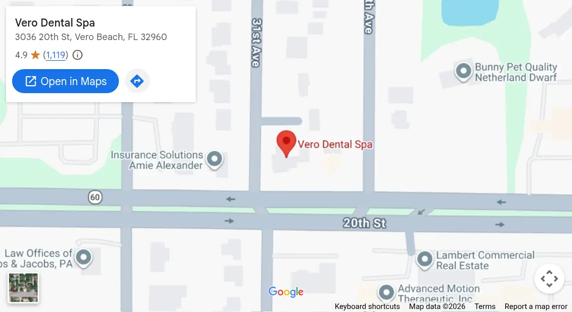 Map showing Vero Dental Spa at 3036 20th St, Vero Beach, FL 32960